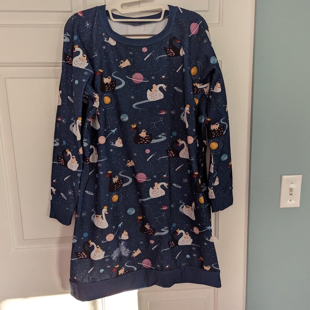 Black Milk pugs on a swan sweater dress